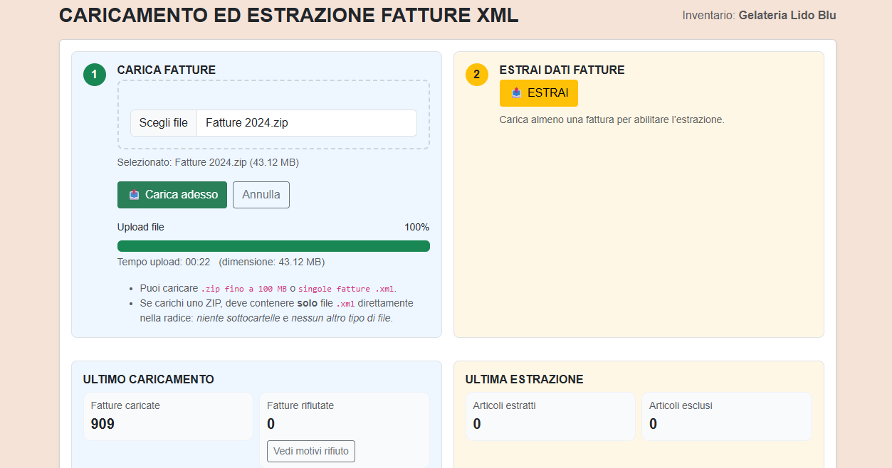 Schermata di caricamento ed estrazione delle fatture d'acquisto su PrestoInventario